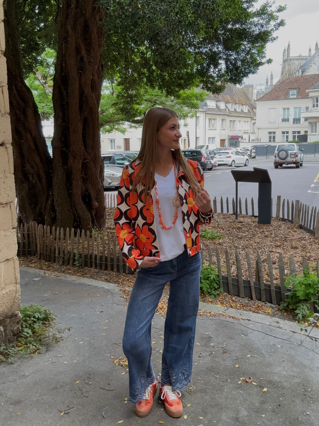 Veste Imprimée Fleurs Rétro Orange