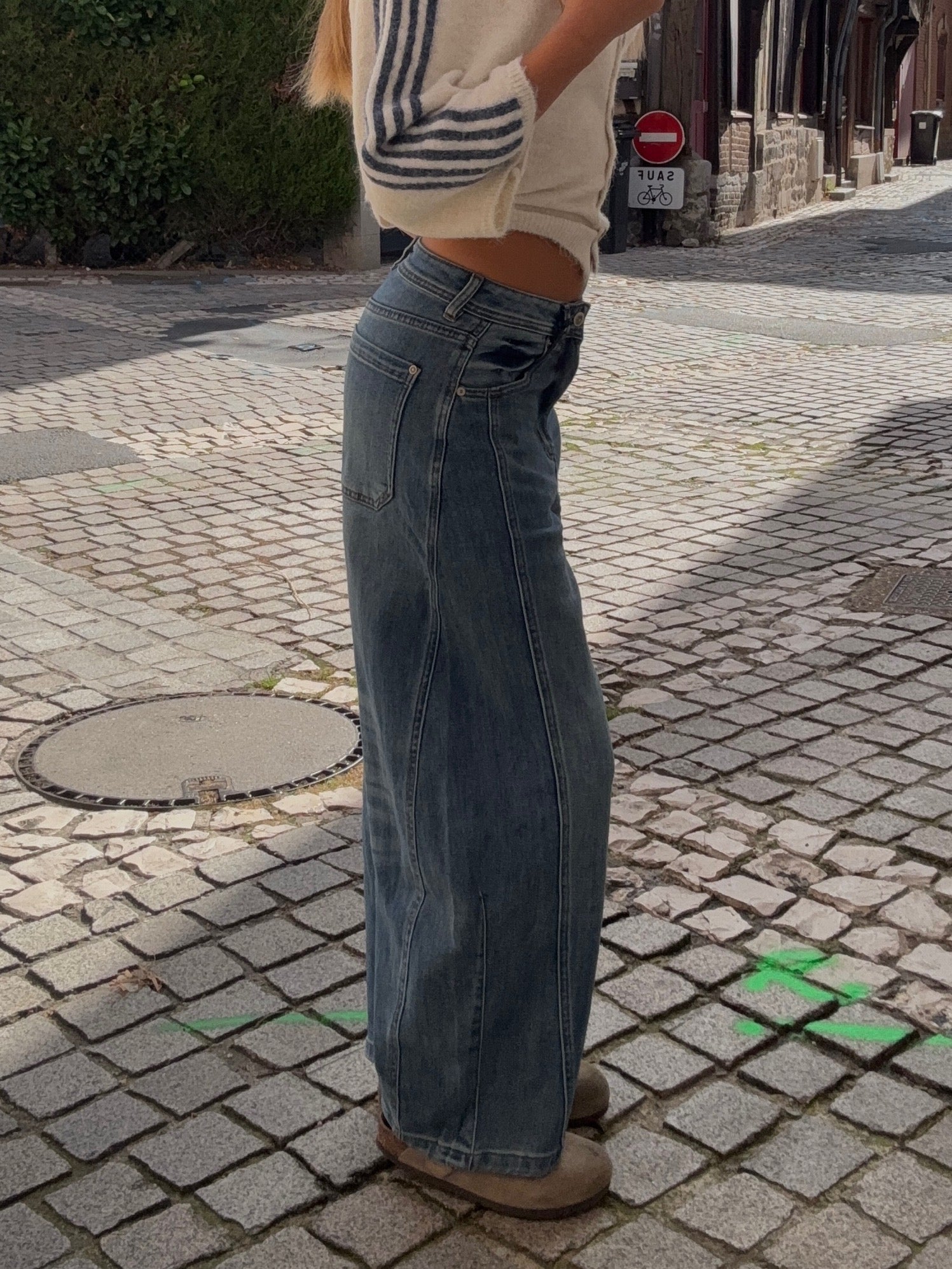 Jean Wide Leg Bleu Délavé Taille Mi-Haute