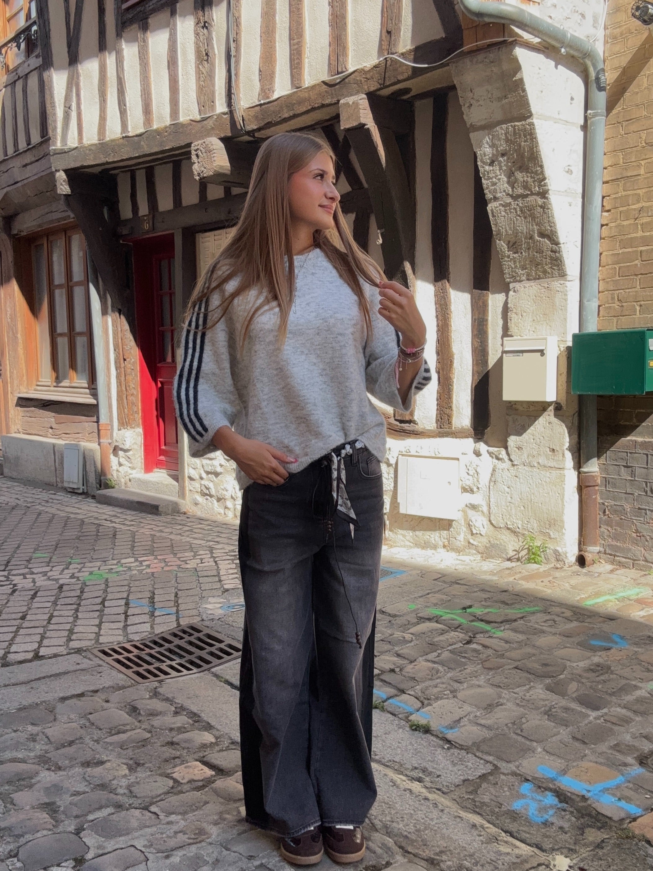 Pull Gris Bandes Bleues