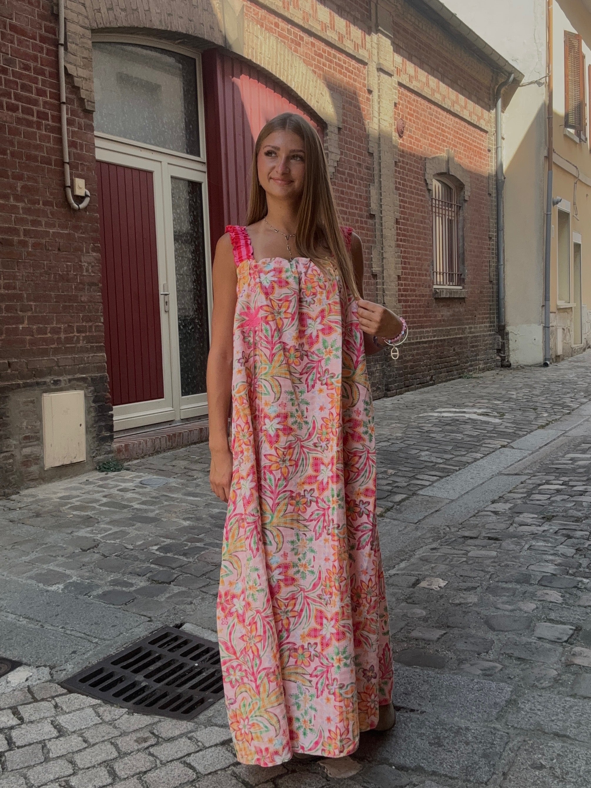 Robe Longue Rose Imprimé Graphique