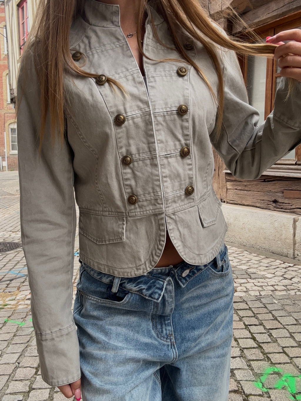 Veste Crop Militaire Grise à Boutons