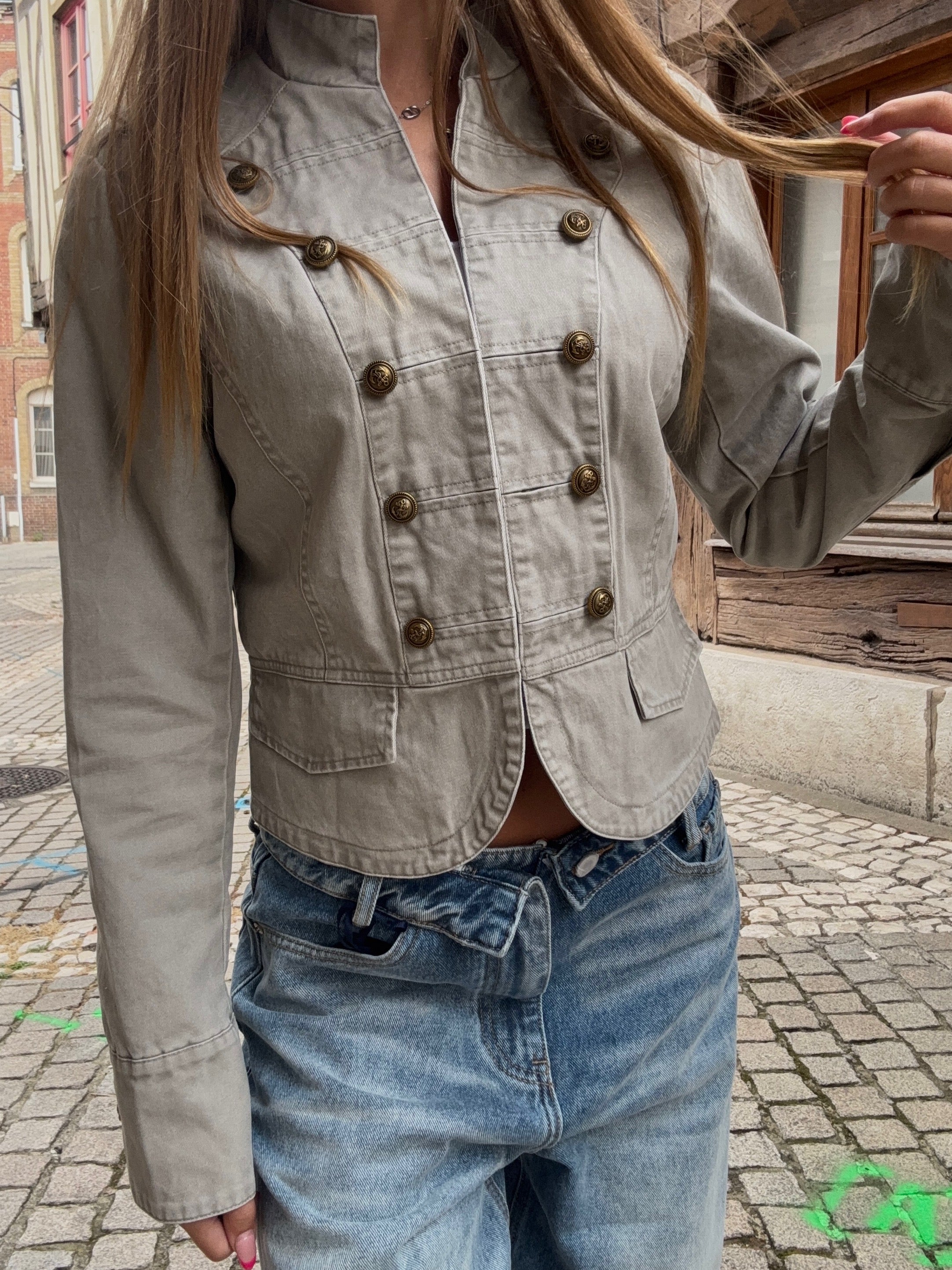 Veste Crop Militaire Grise à Boutons