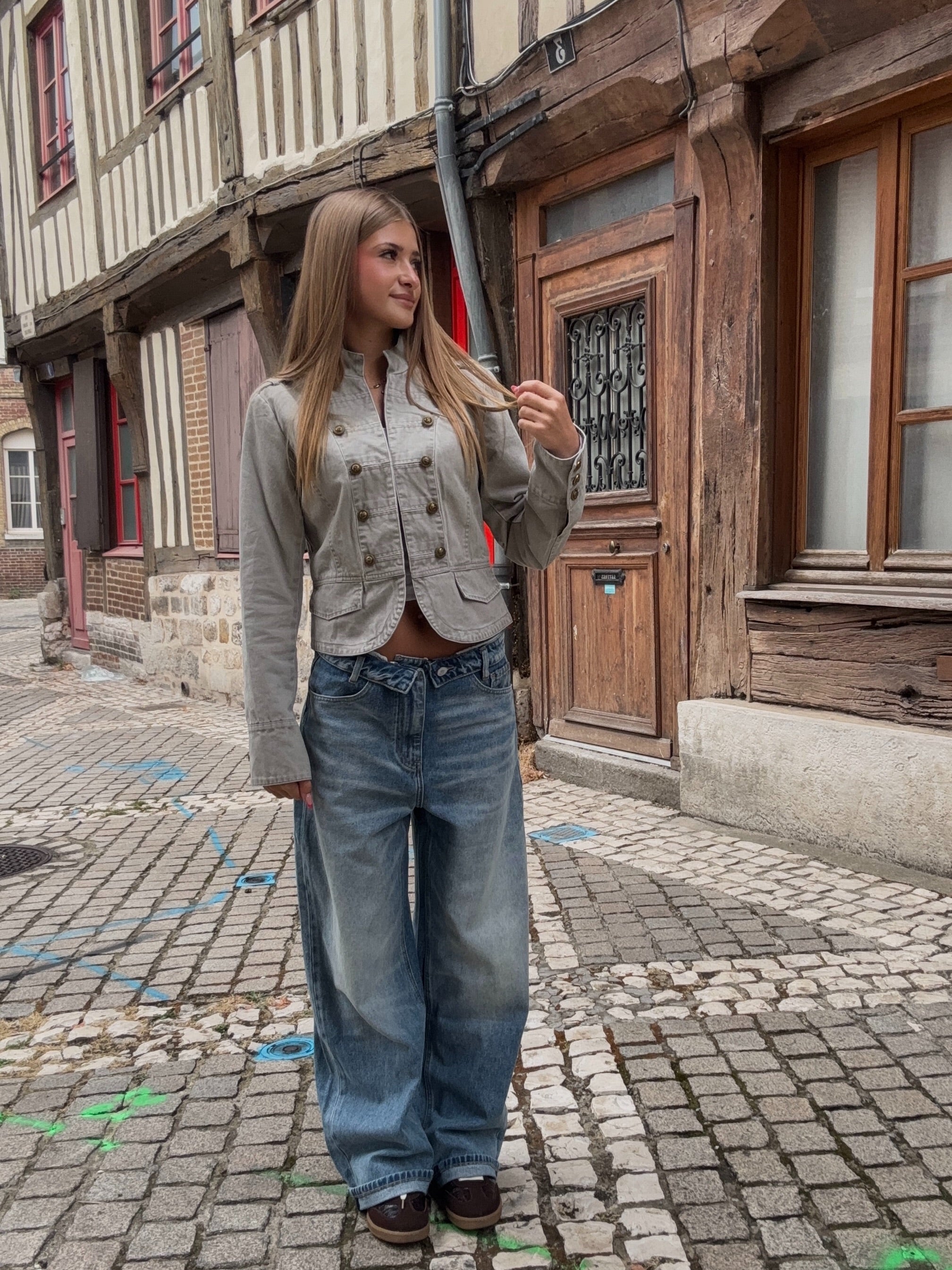 Veste Crop Militaire Grise à Boutons