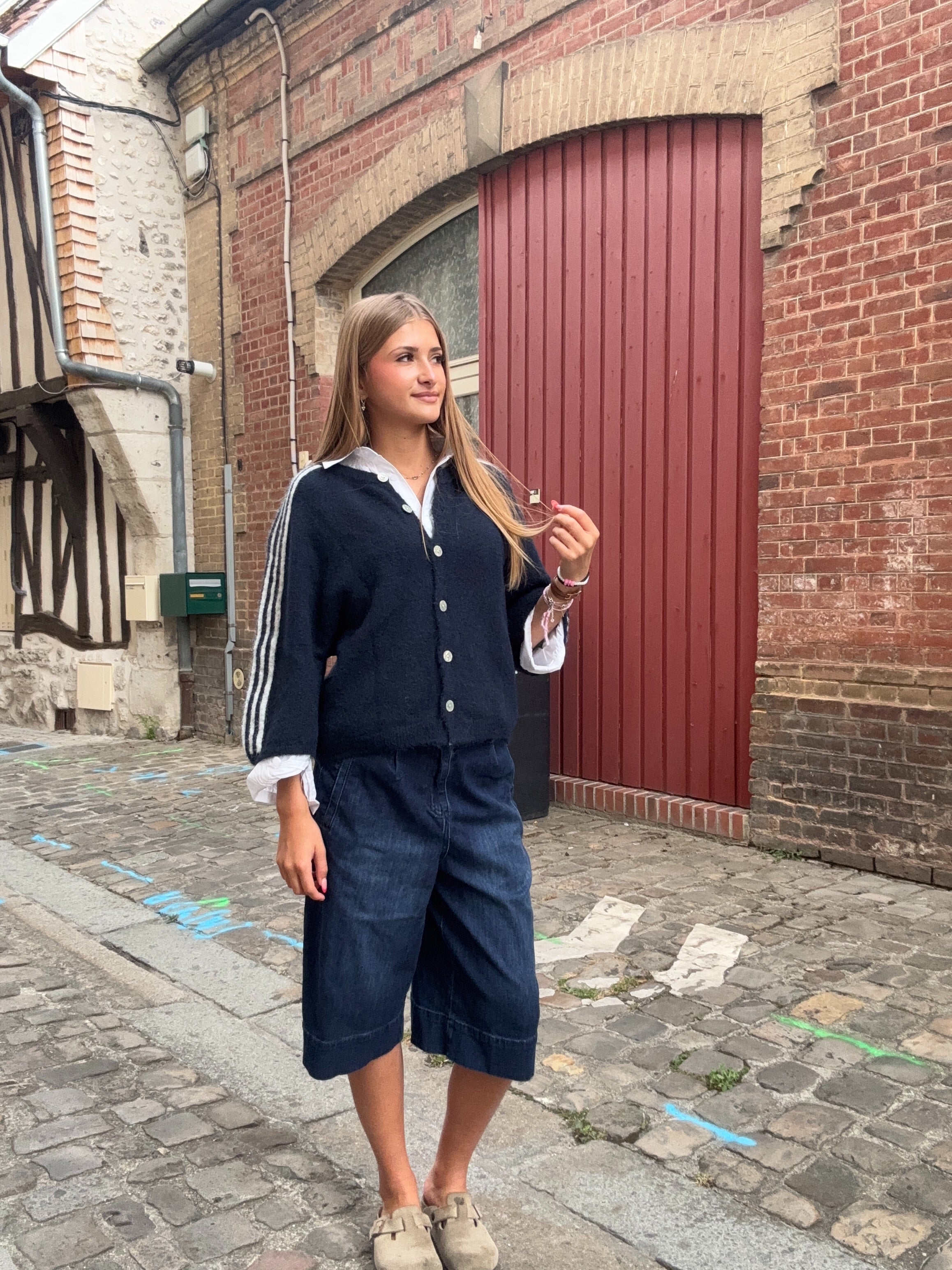 Bermuda Jean Bleu Marine Taille Haute