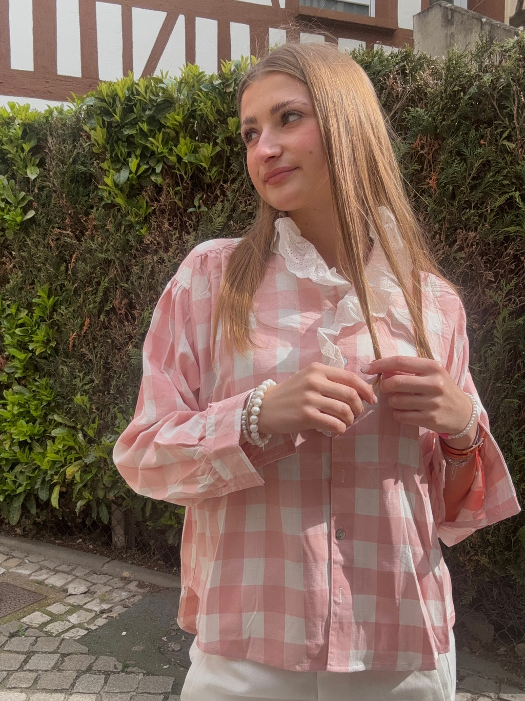 Blouse Vichy Rose à Col Dentelle – Girly & Romantique