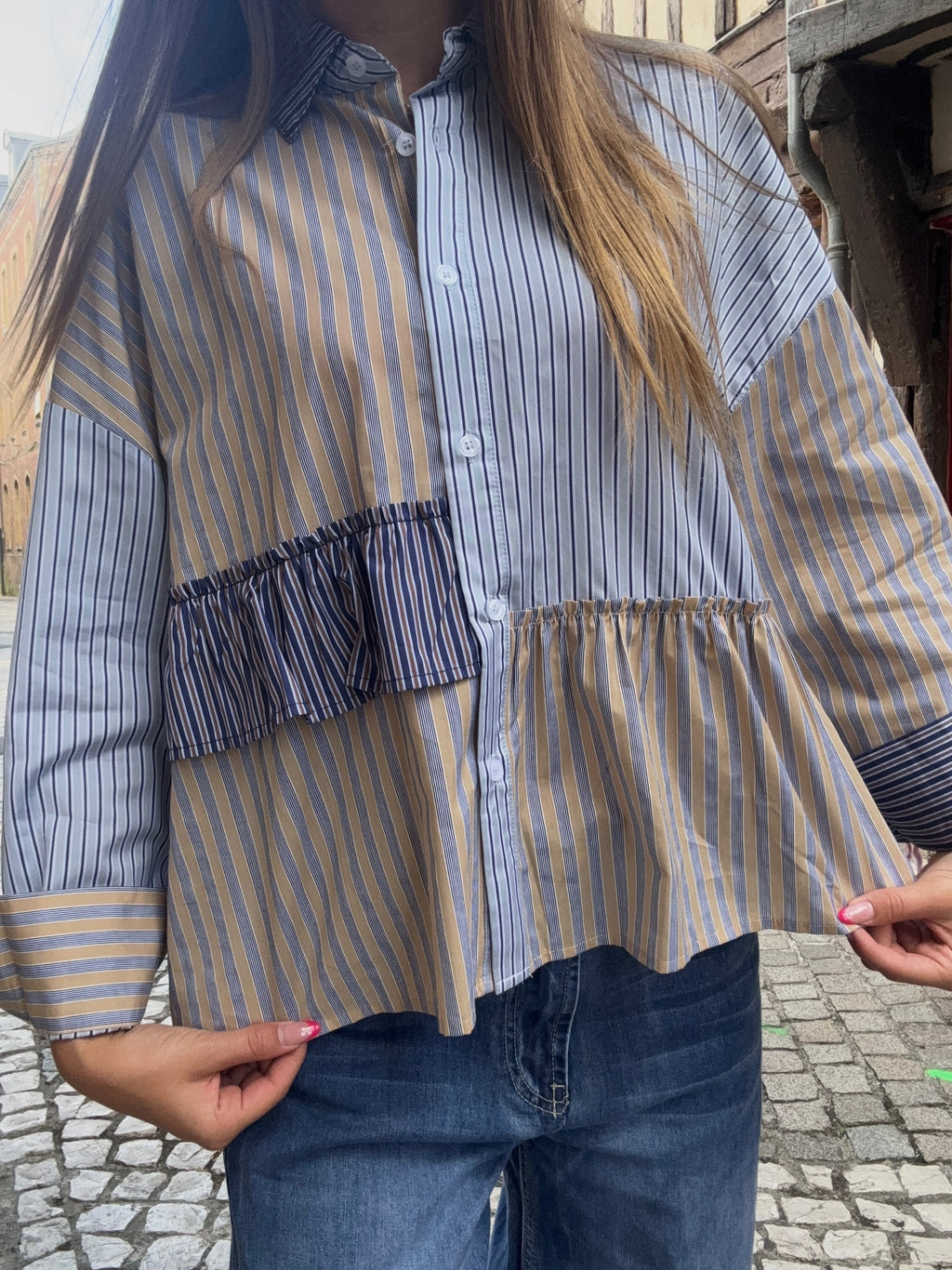 Blouse Rayée Patchwork Bleue & Beige