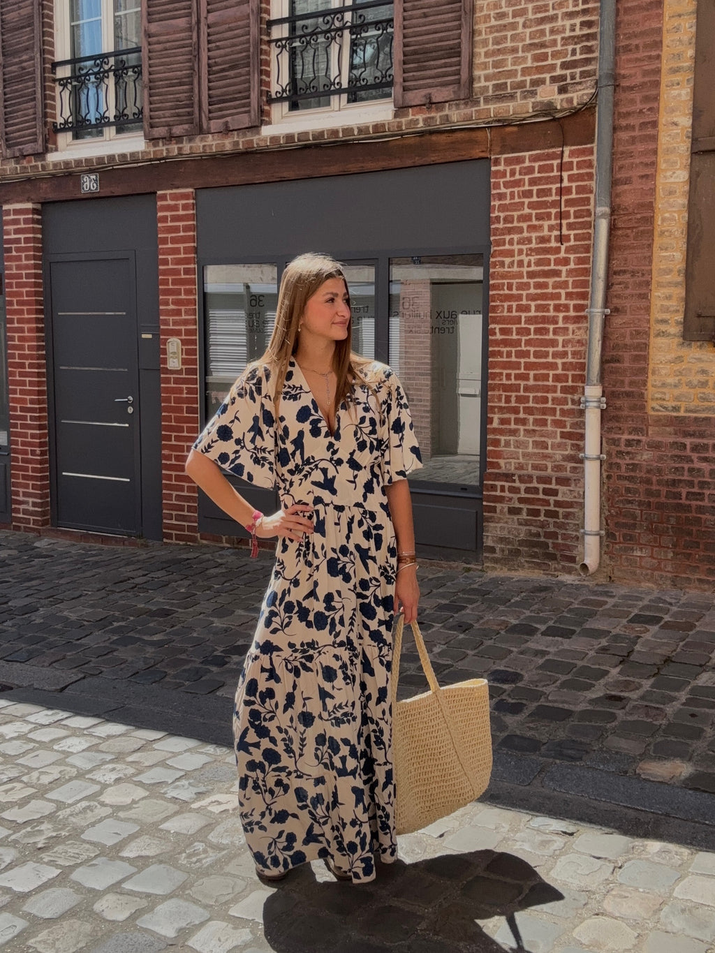 Robe Longue Fleurie Beige & Marine