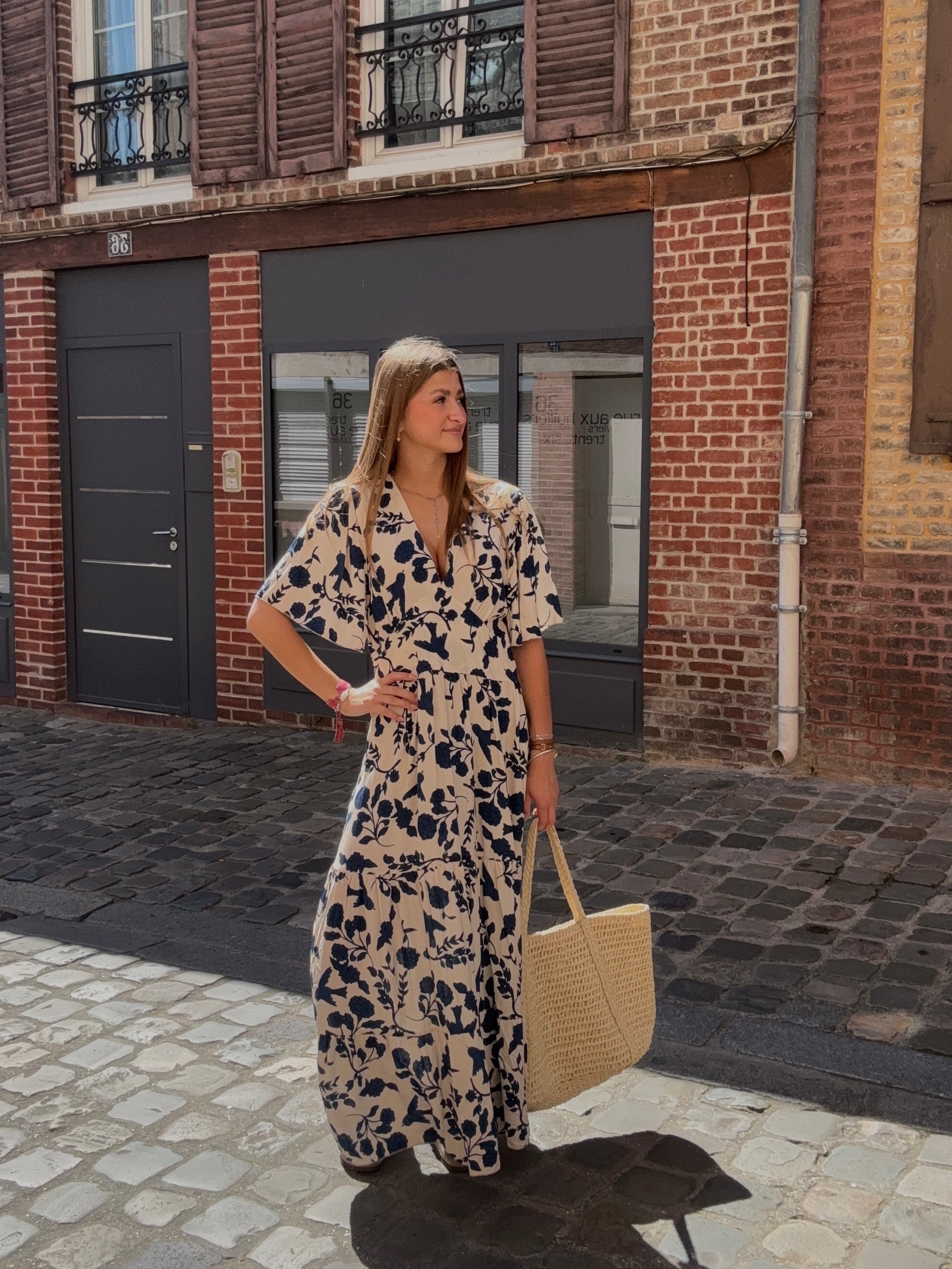 Robe Longue Fleurie Beige & Marine