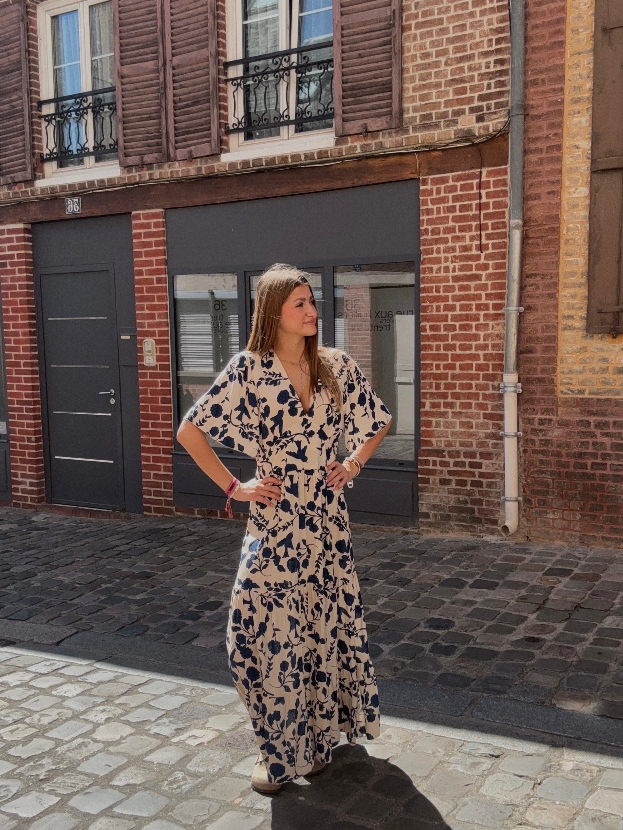 Robe Longue Fleurie Beige & Marine