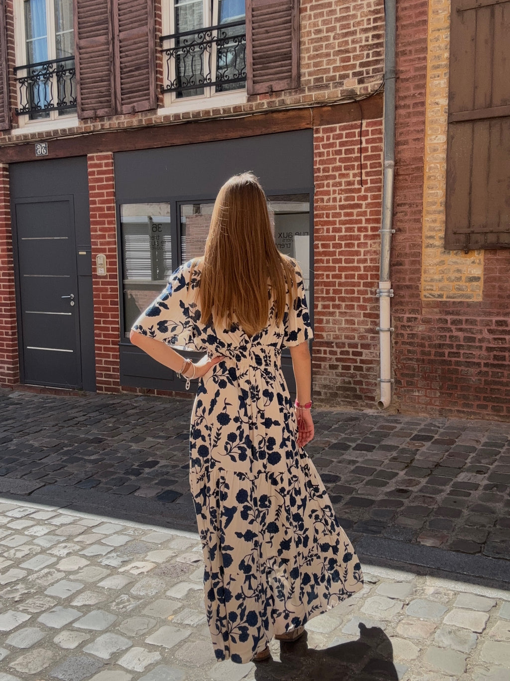 Robe Longue Fleurie Beige & Marine