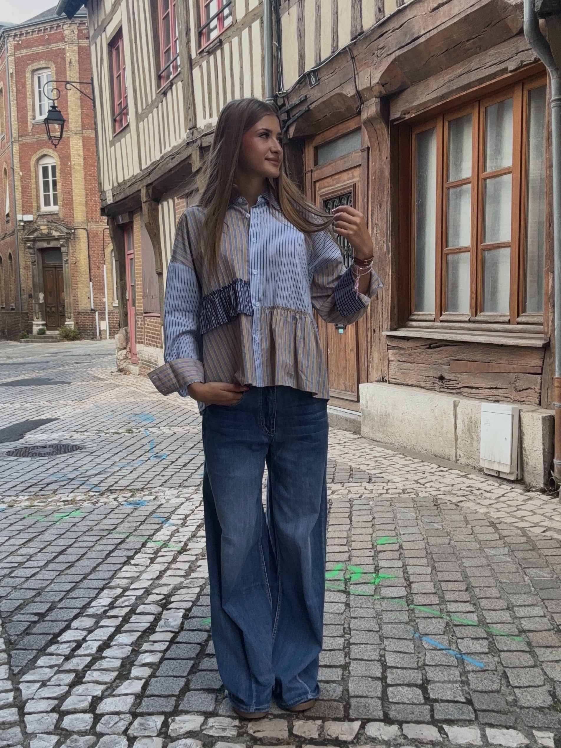 Blouse Rayée Patchwork Bleue & Beige