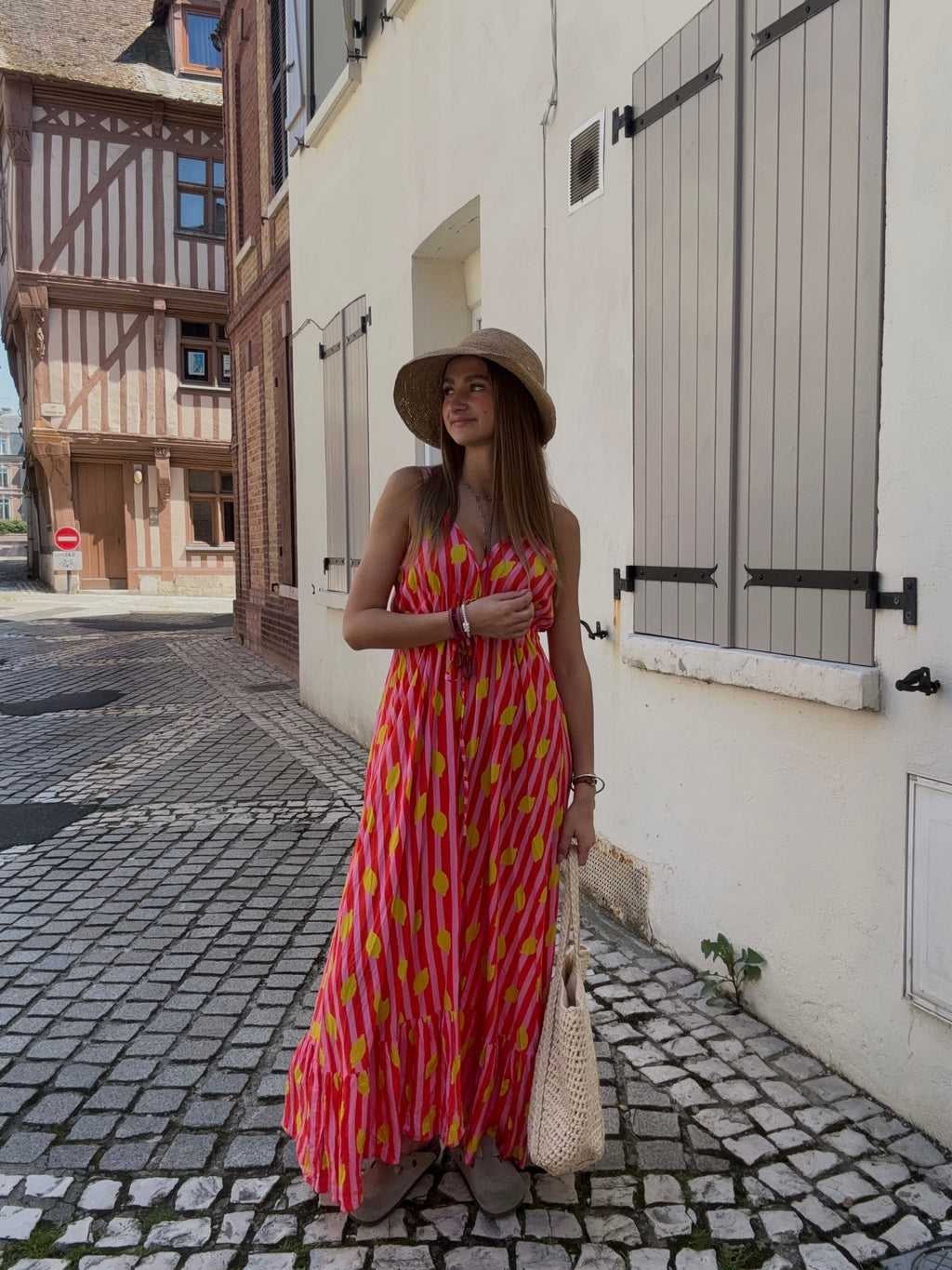 Robe Longue Rayée Orange & Rose à Citrons