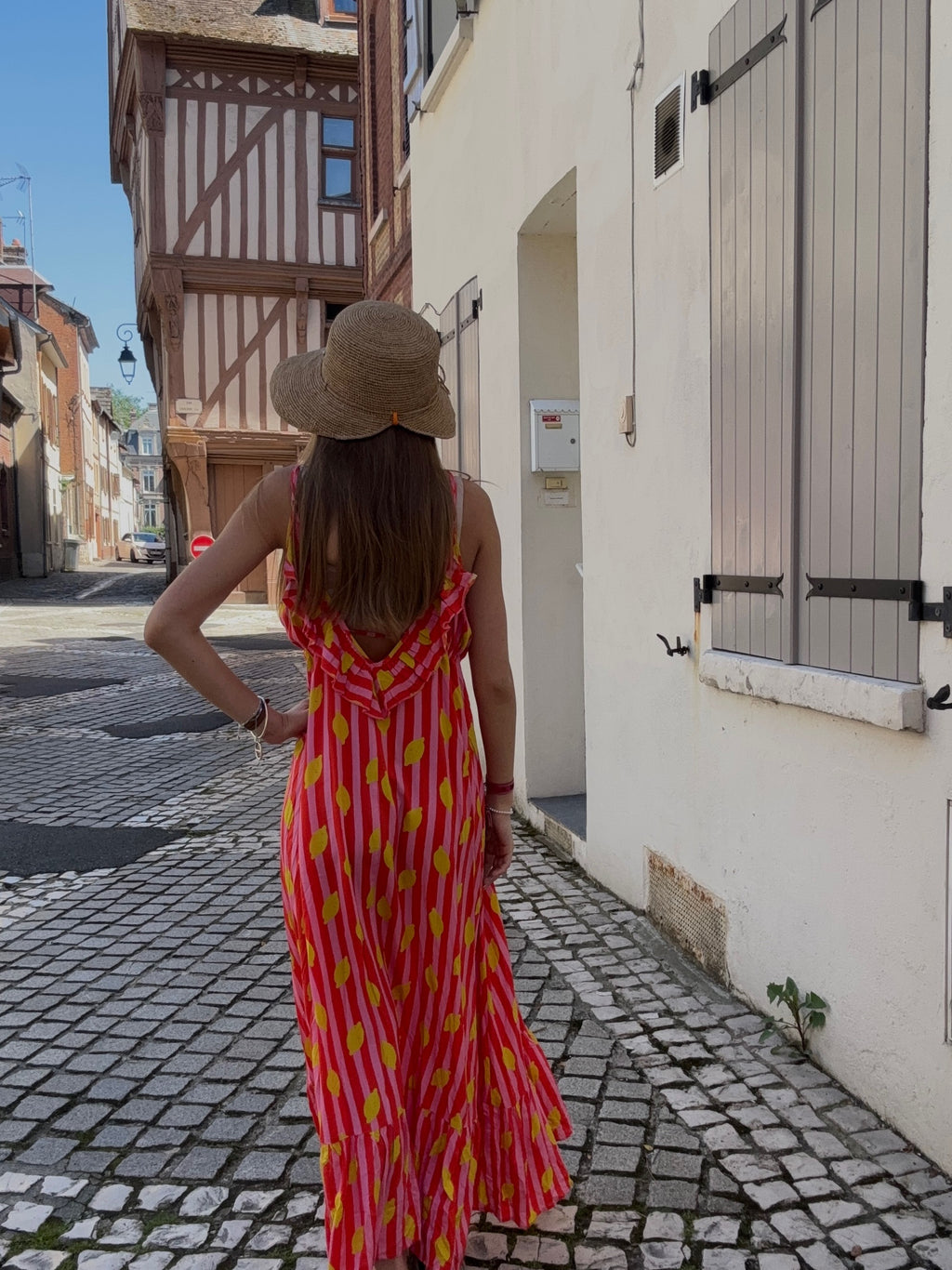 Robe Longue Rayée Orange & Rose à Citrons