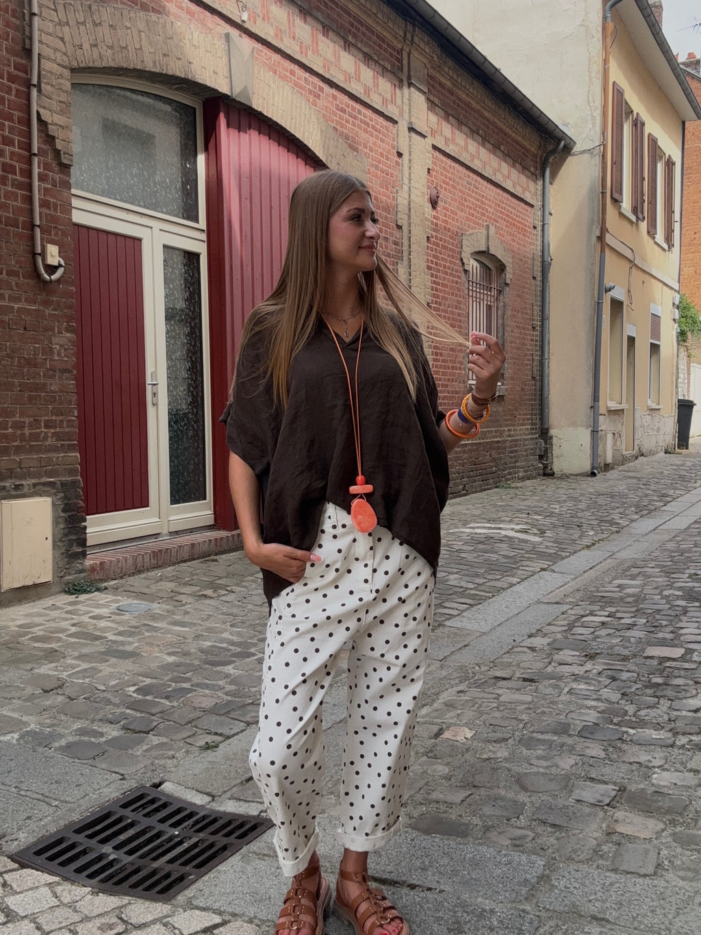 Pantalon à Pois Marron et Blanc
