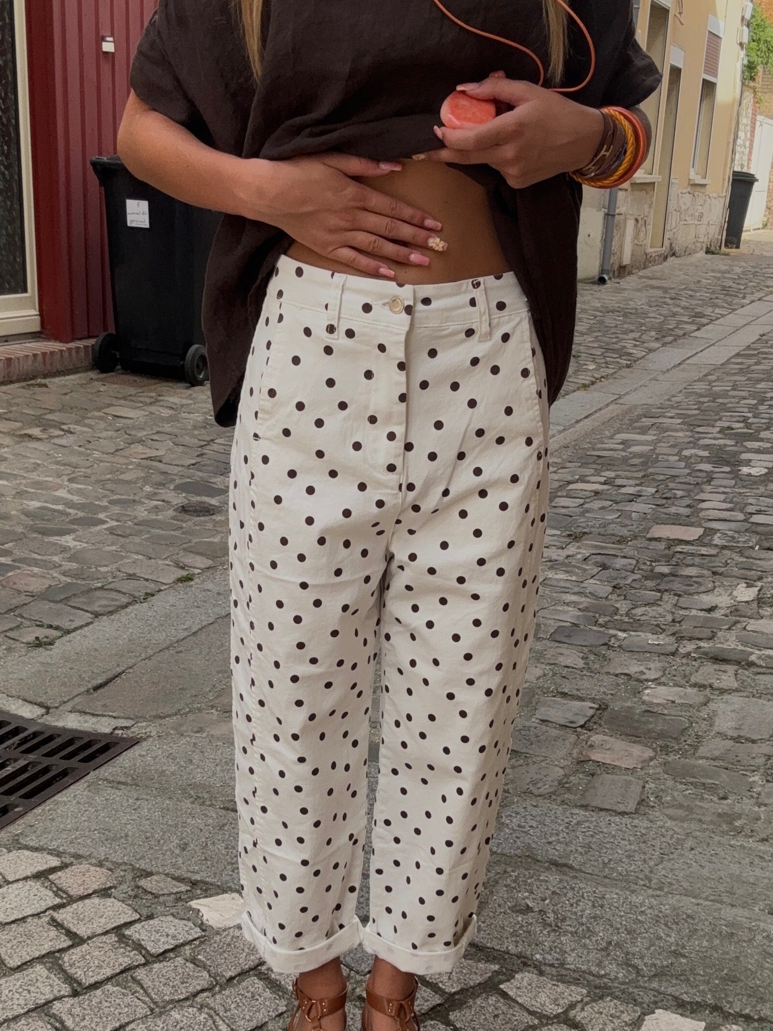 Pantalon à Pois Marron et Blanc
