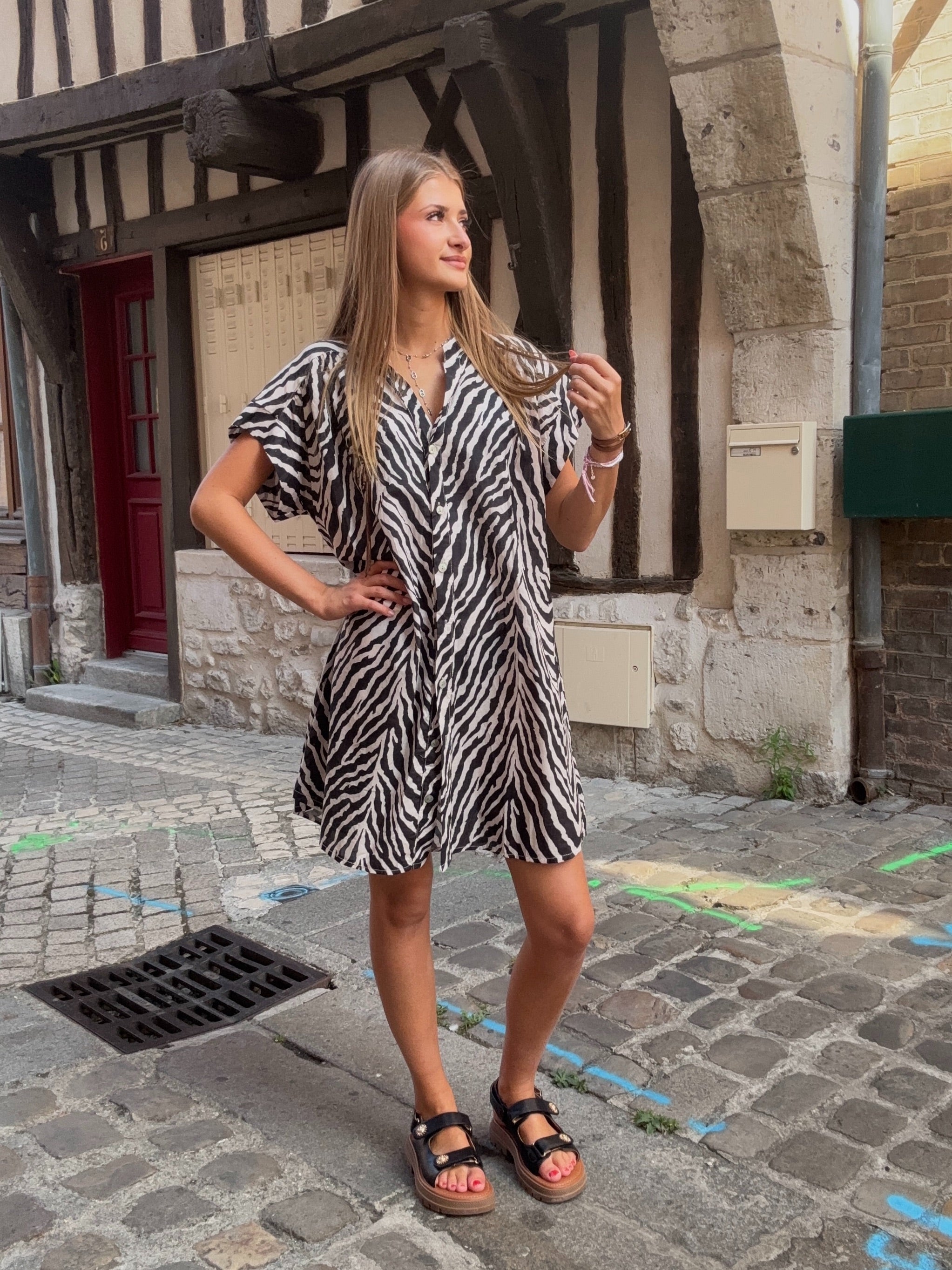 Mini robe imprimé zèbre noir et blanc portée en ville