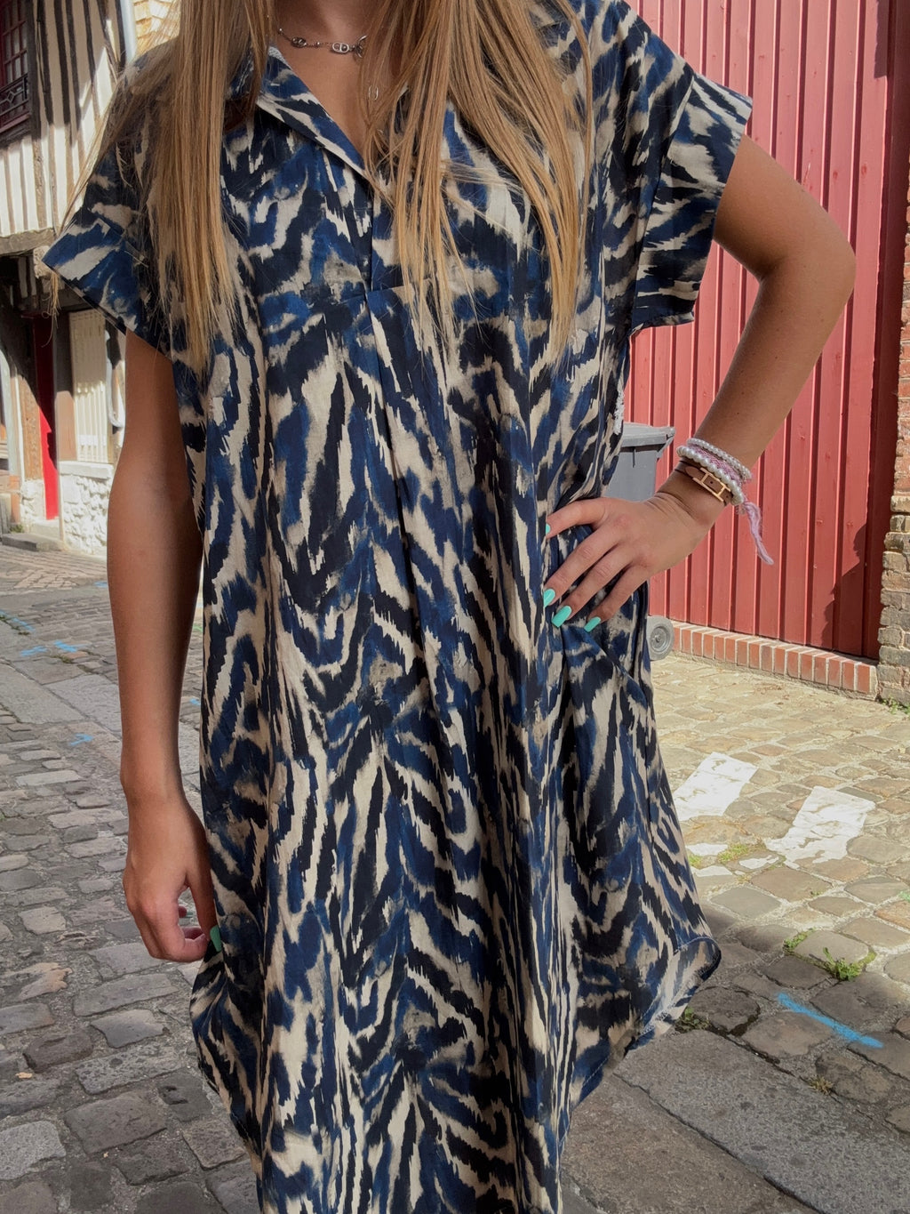Robe Chemise Imprimé Zèbre Bleu Marine