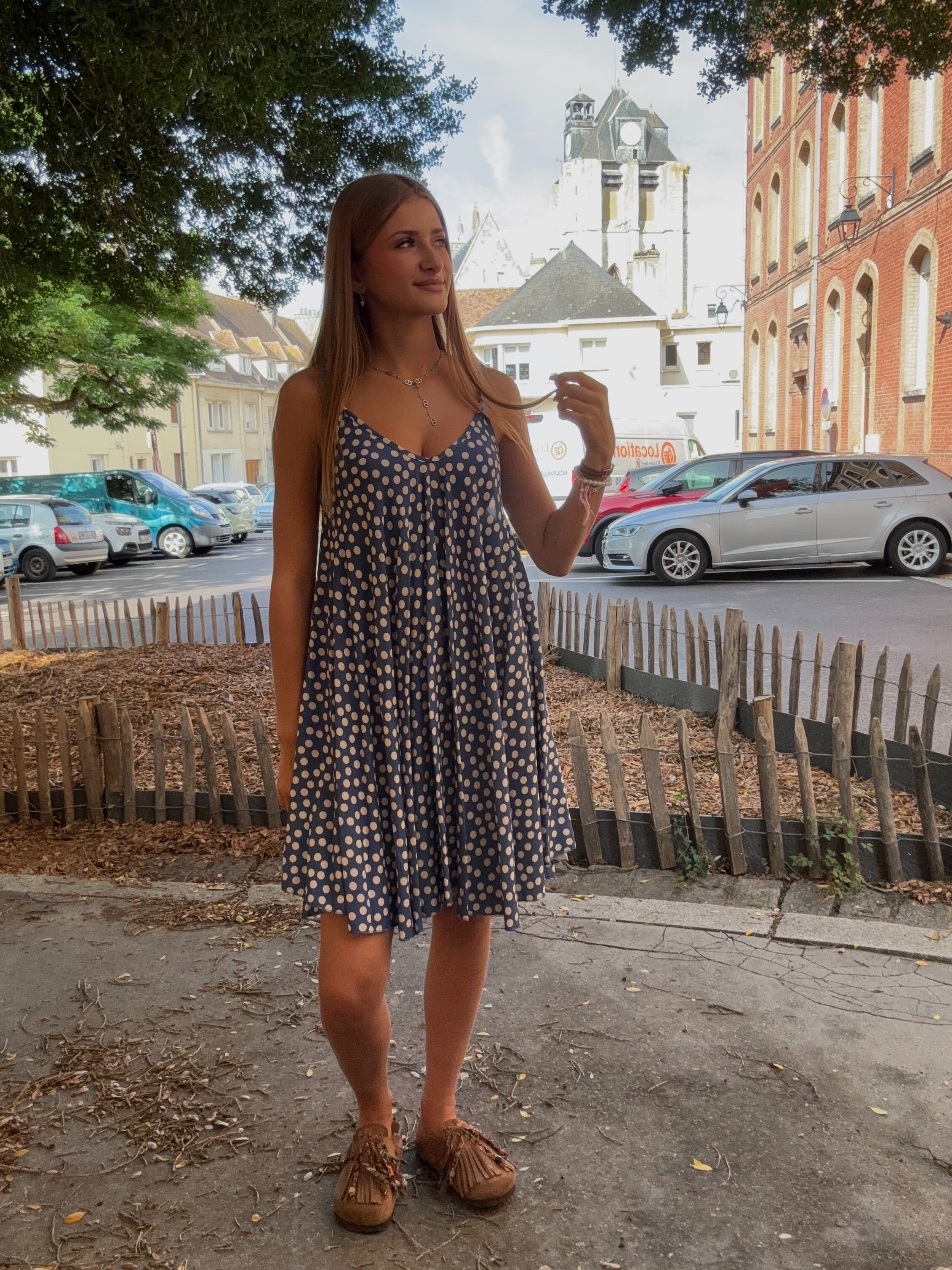 Robe Courte Bleu Marine à Pois