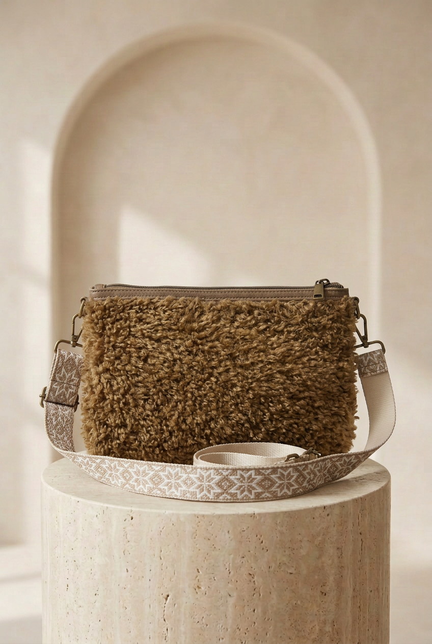 Sac bandoulière camel effet bouclé