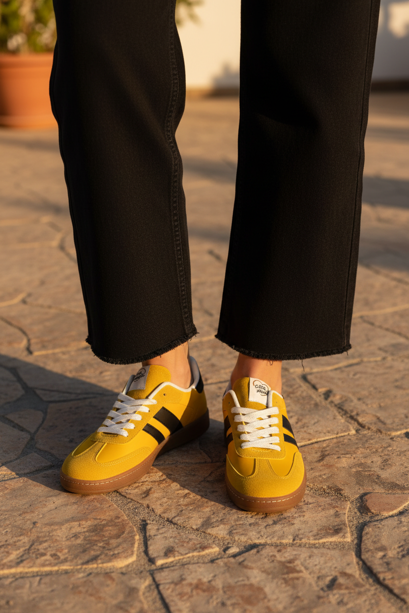 Baskets Daim Jaune Moutarde Bandes Noires