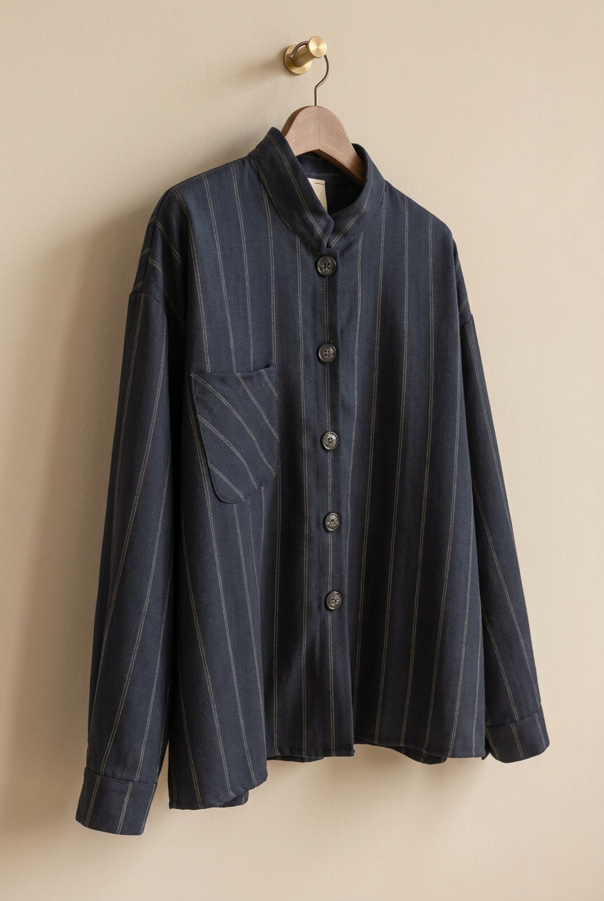 Chemise anthracite à fines rayures et col officier