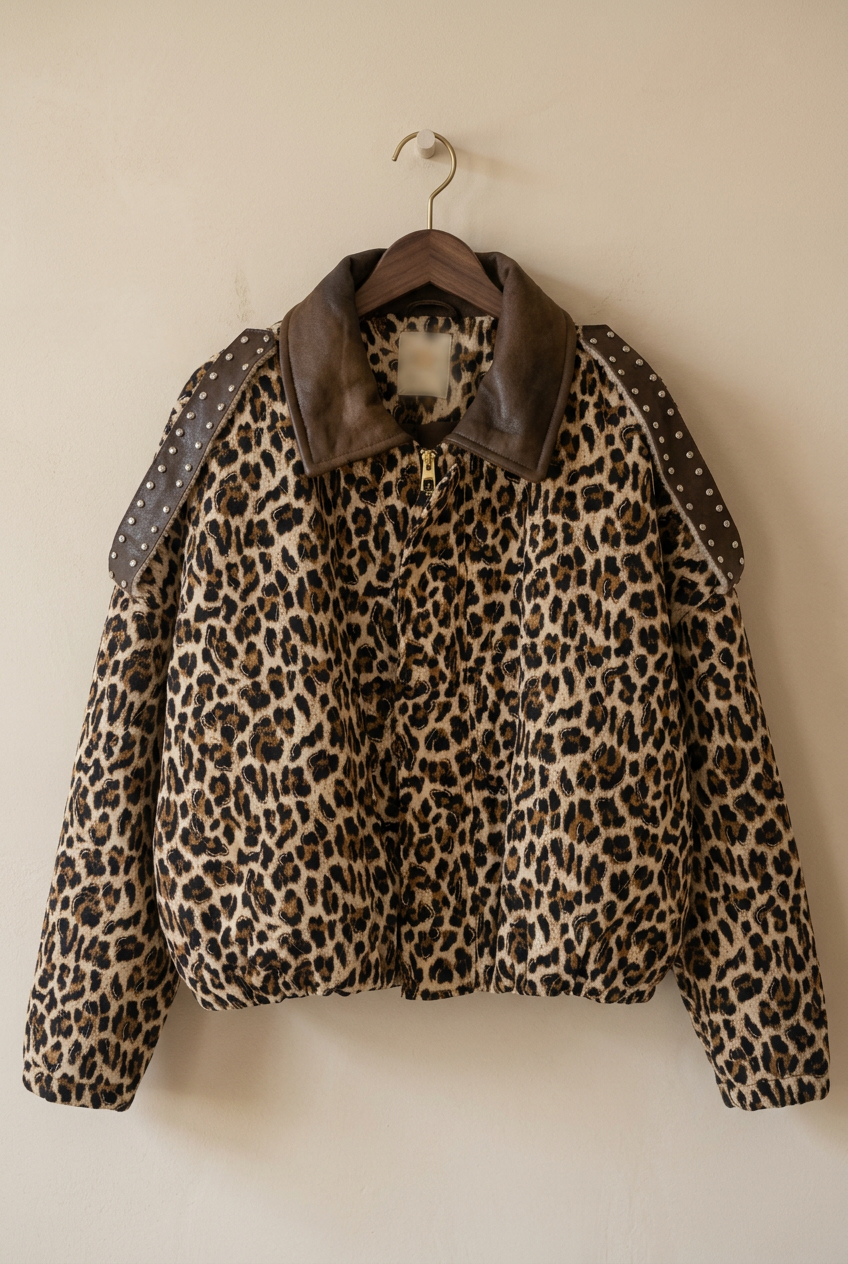 Veste léopard à col marron et épaules cloutées