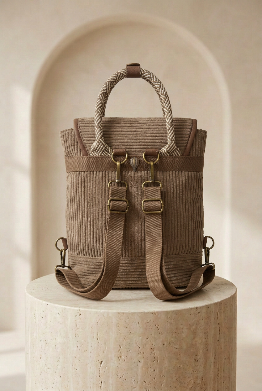 Sac à dos taupe à texture côtelée et poignée tressée