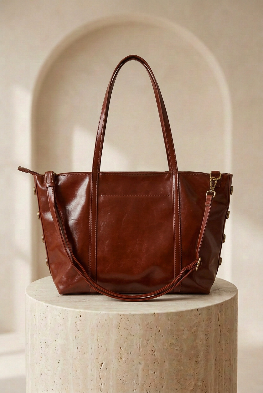 Sac cabas à finition brillante avec deux longues anses et bandoulière