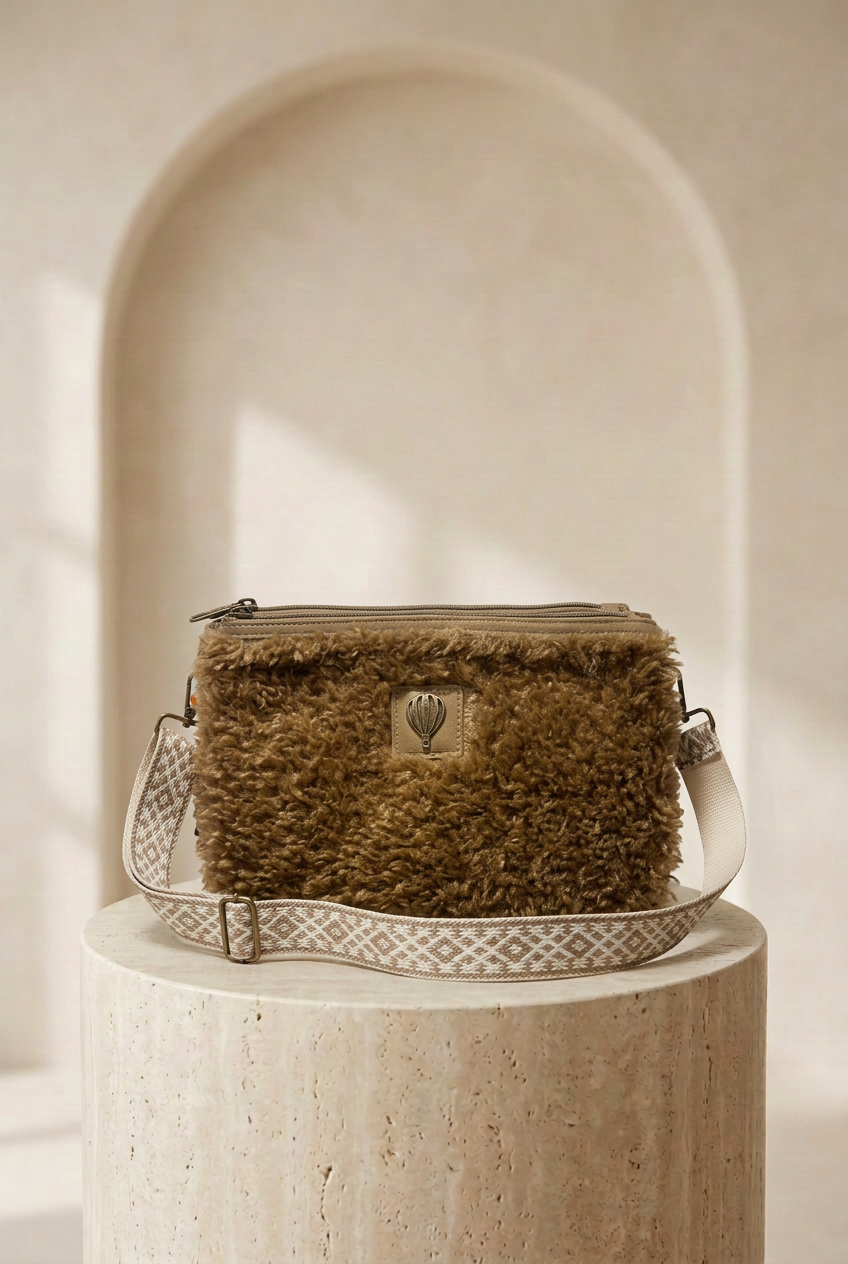 Sac bandoulière camel effet bouclé