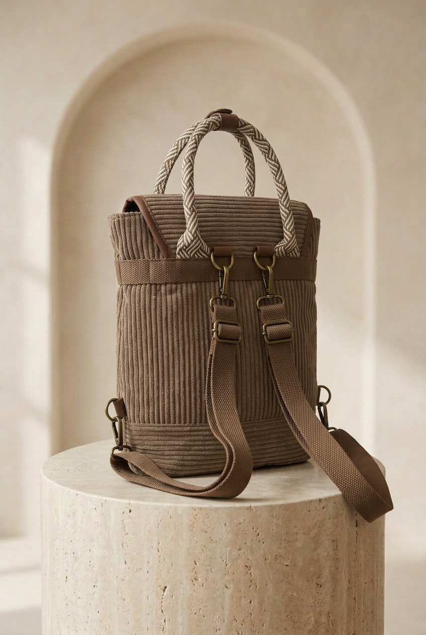 Sac à dos taupe à texture côtelée et poignée tressée