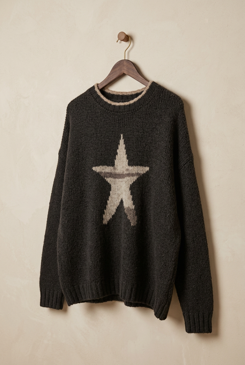 Pull gris clair chiné à étoile bleu marine