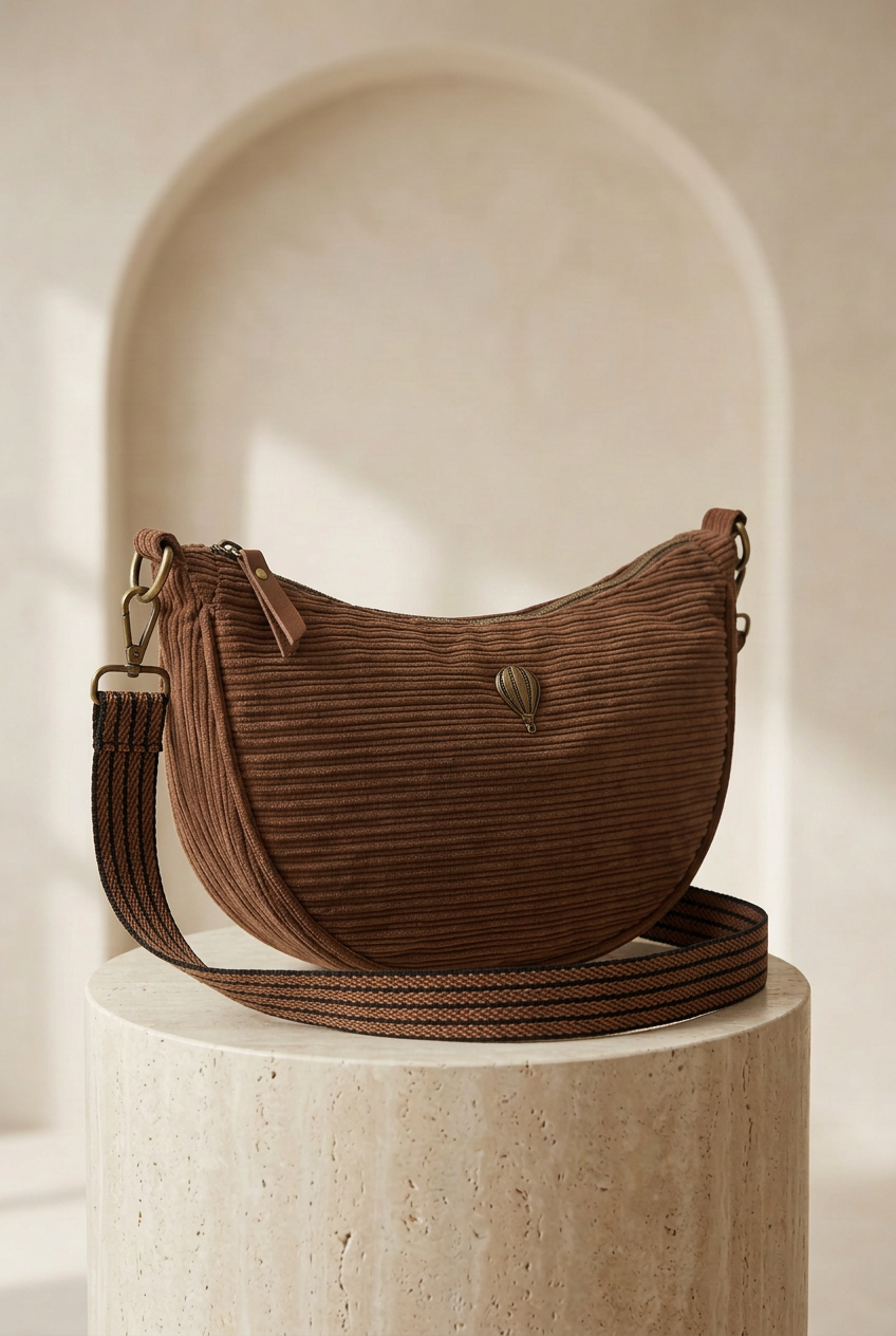 Sac demi-lune choco à texture côtelée horizontale avec bandoulière rayée et emblème montgolfière