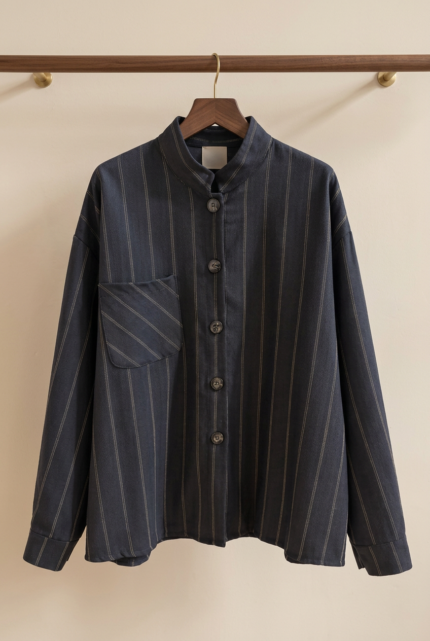 Chemise anthracite à fines rayures et col officier