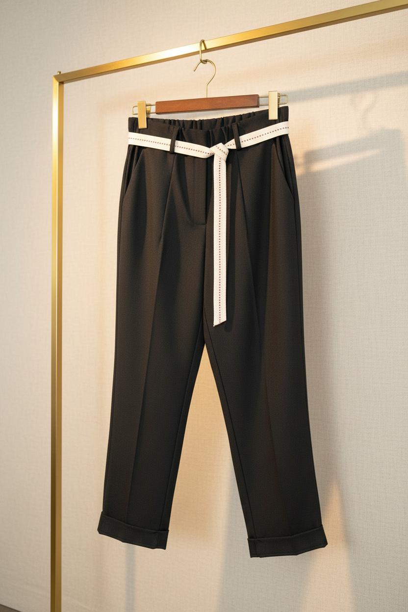 Pantalon Fluide Noir Ceinture Blanche