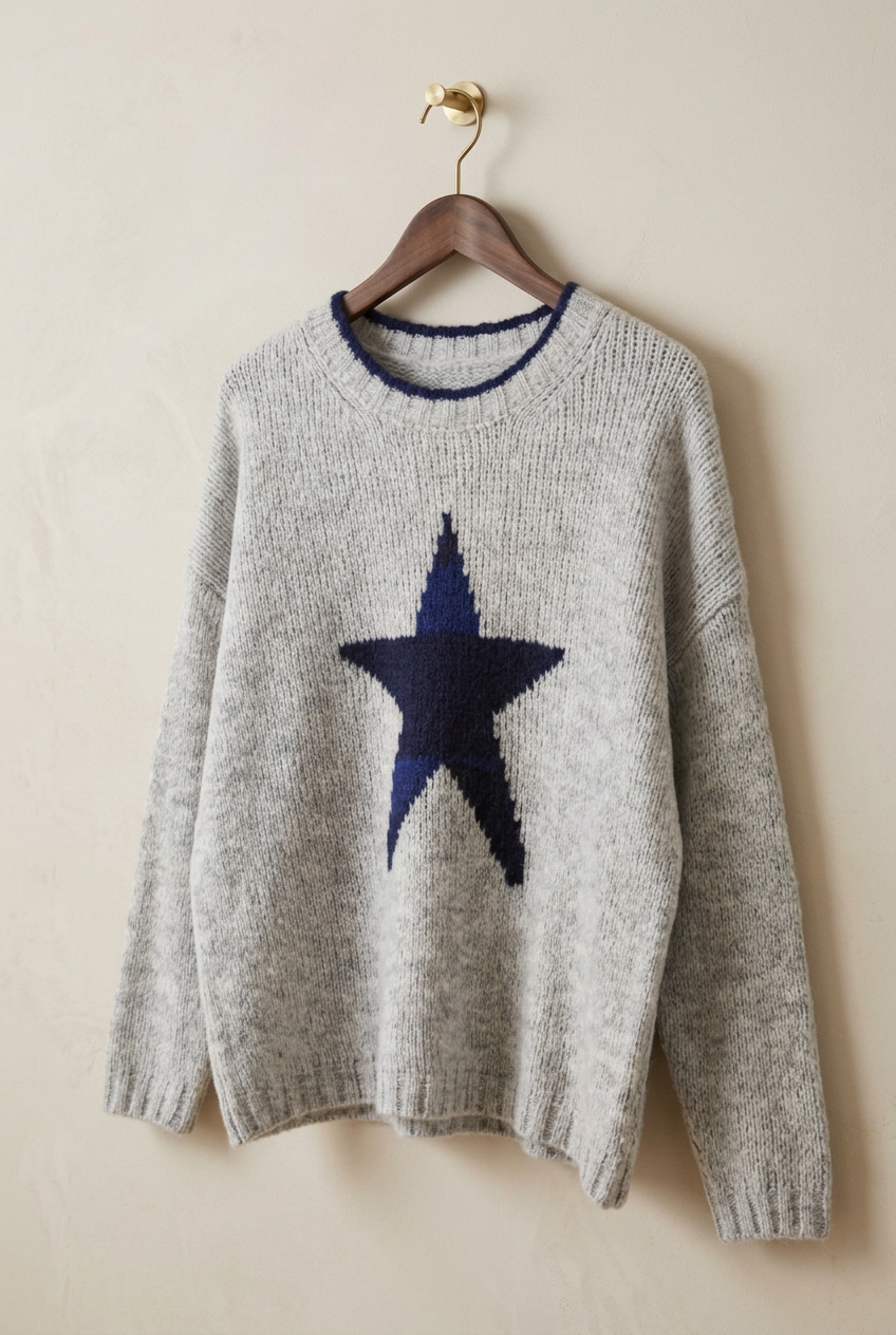 Pull gris clair chiné à étoile bleu marine