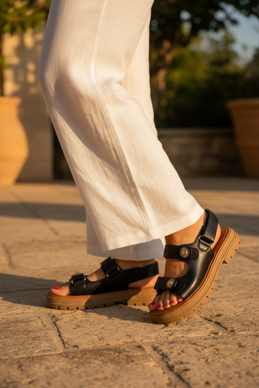 Sandales Noires Semelle Camel – Détails Soleil Dorés