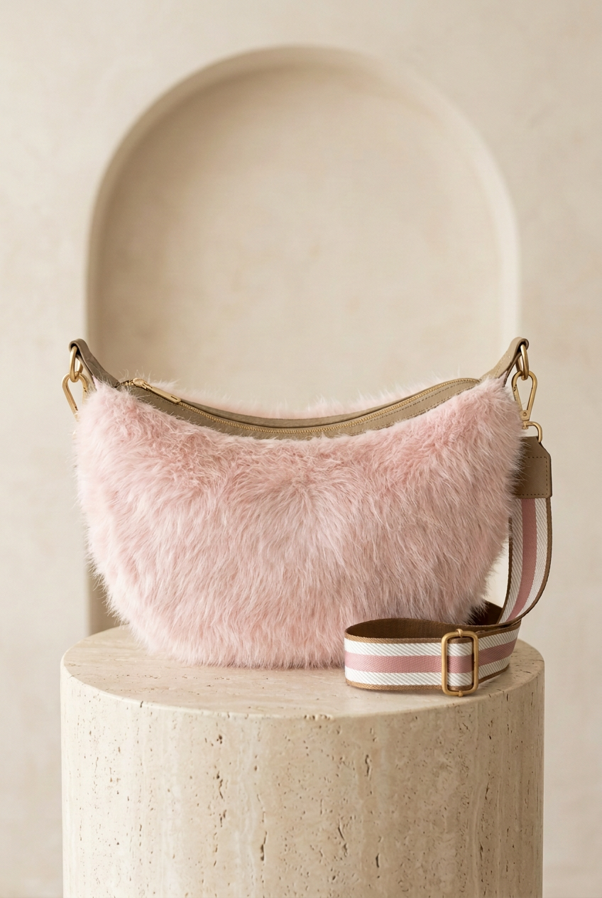 Sac bandoulière rose poudré effet duveteux