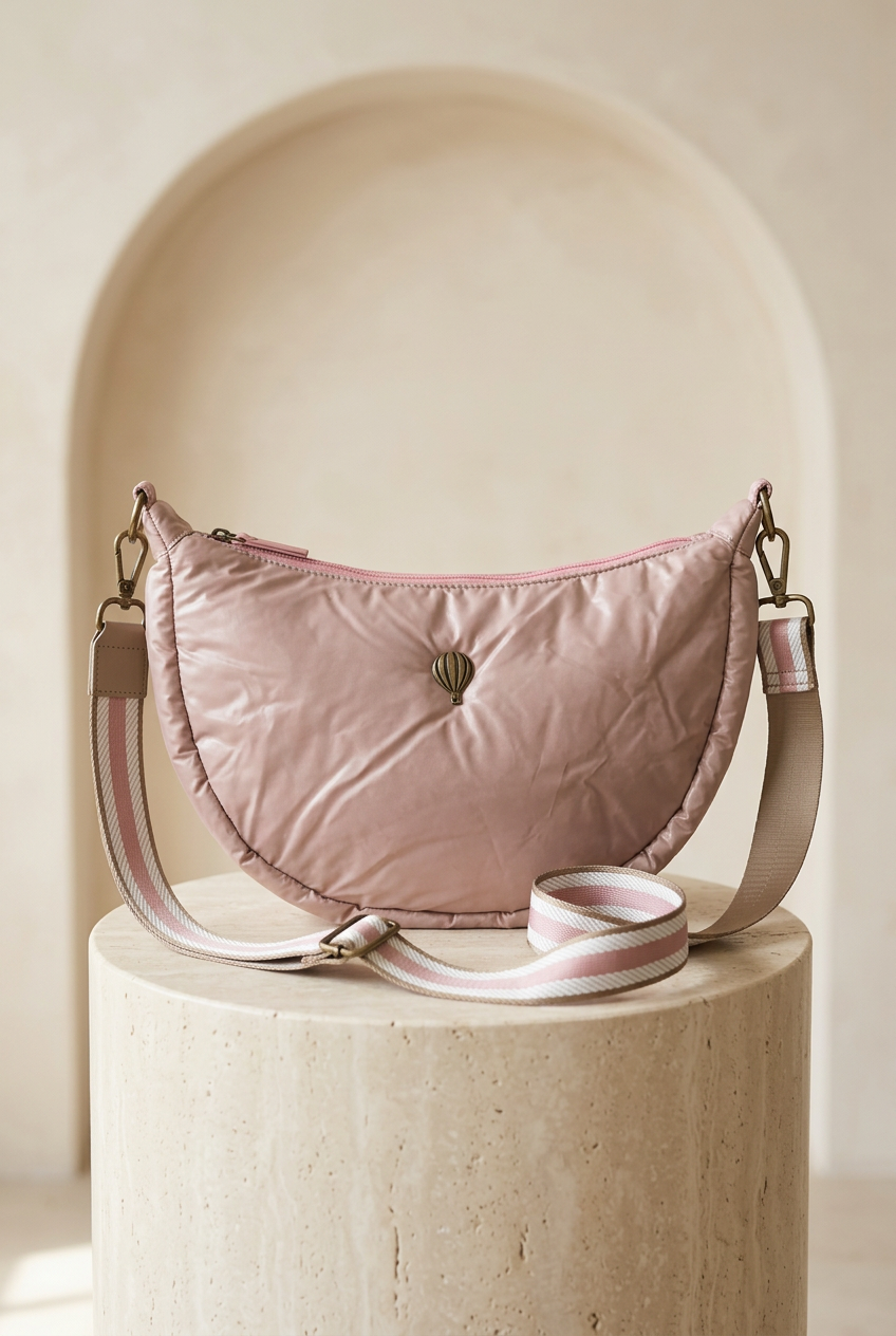 Sac demi-lune avec fermeture zippée, bandoulière rayée et emblème montgolfière