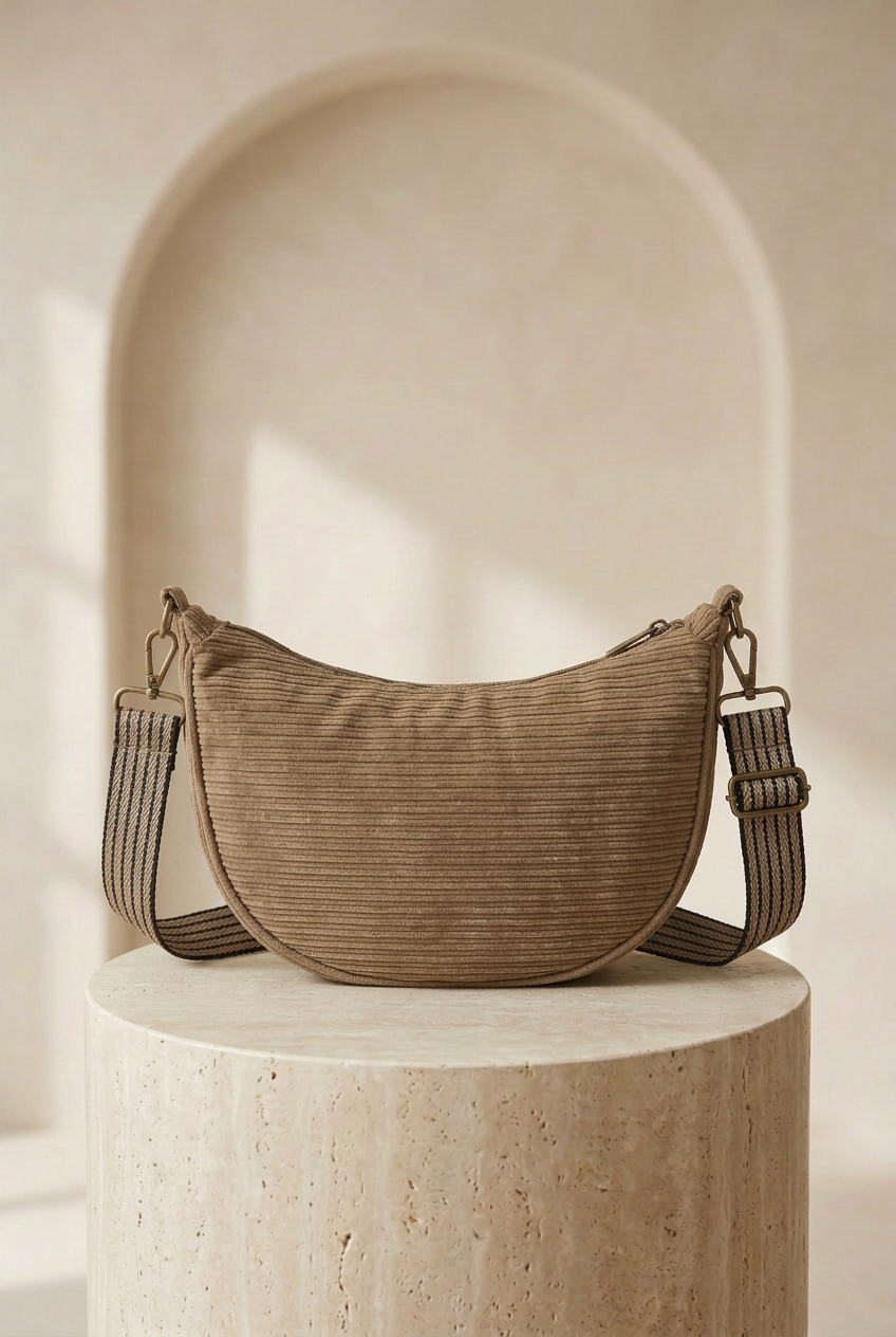Sac demi-lune beige à texture côtelée