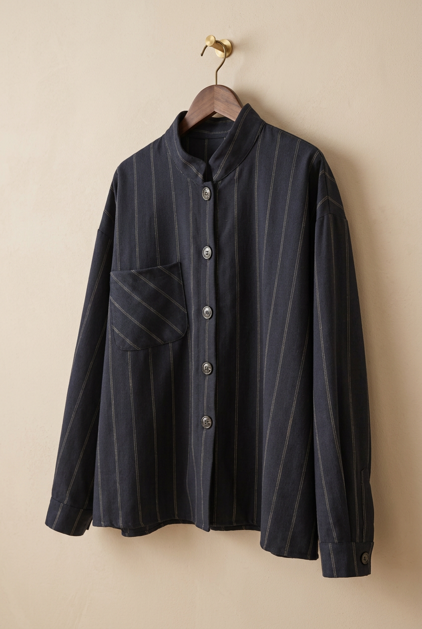 Chemise anthracite à fines rayures et col officier