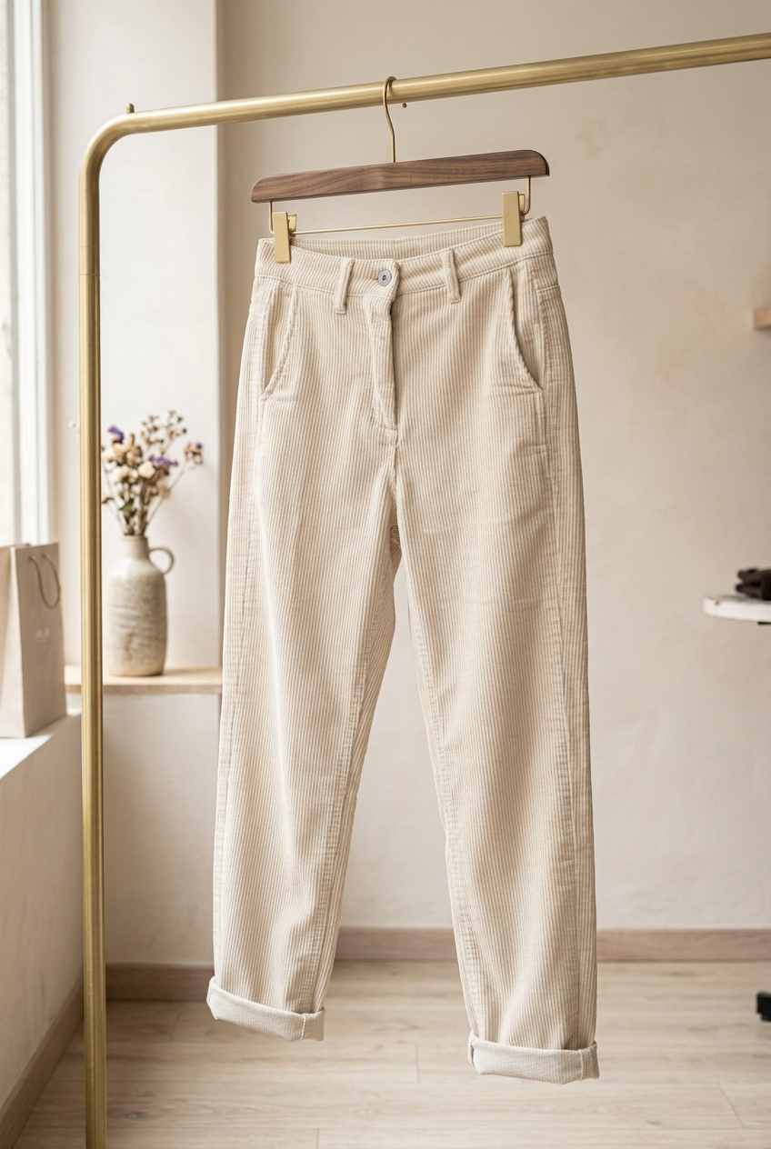 Pantalon côtelé crème à revers
