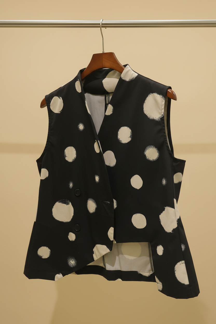 Gilet Noir Pois Crème — Asymmétrique & Graphique