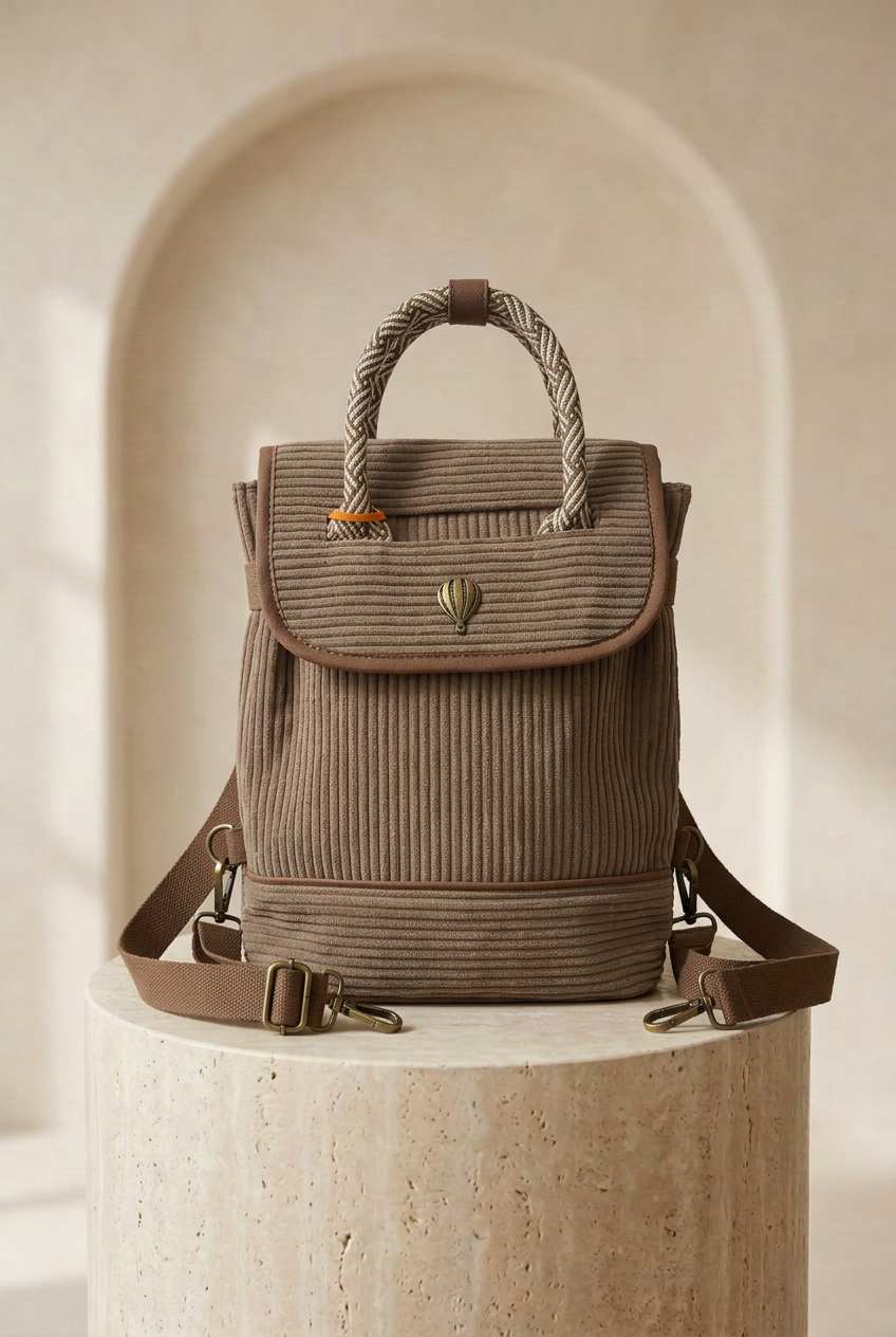 Sac à dos taupe à texture côtelée et poignée tressée