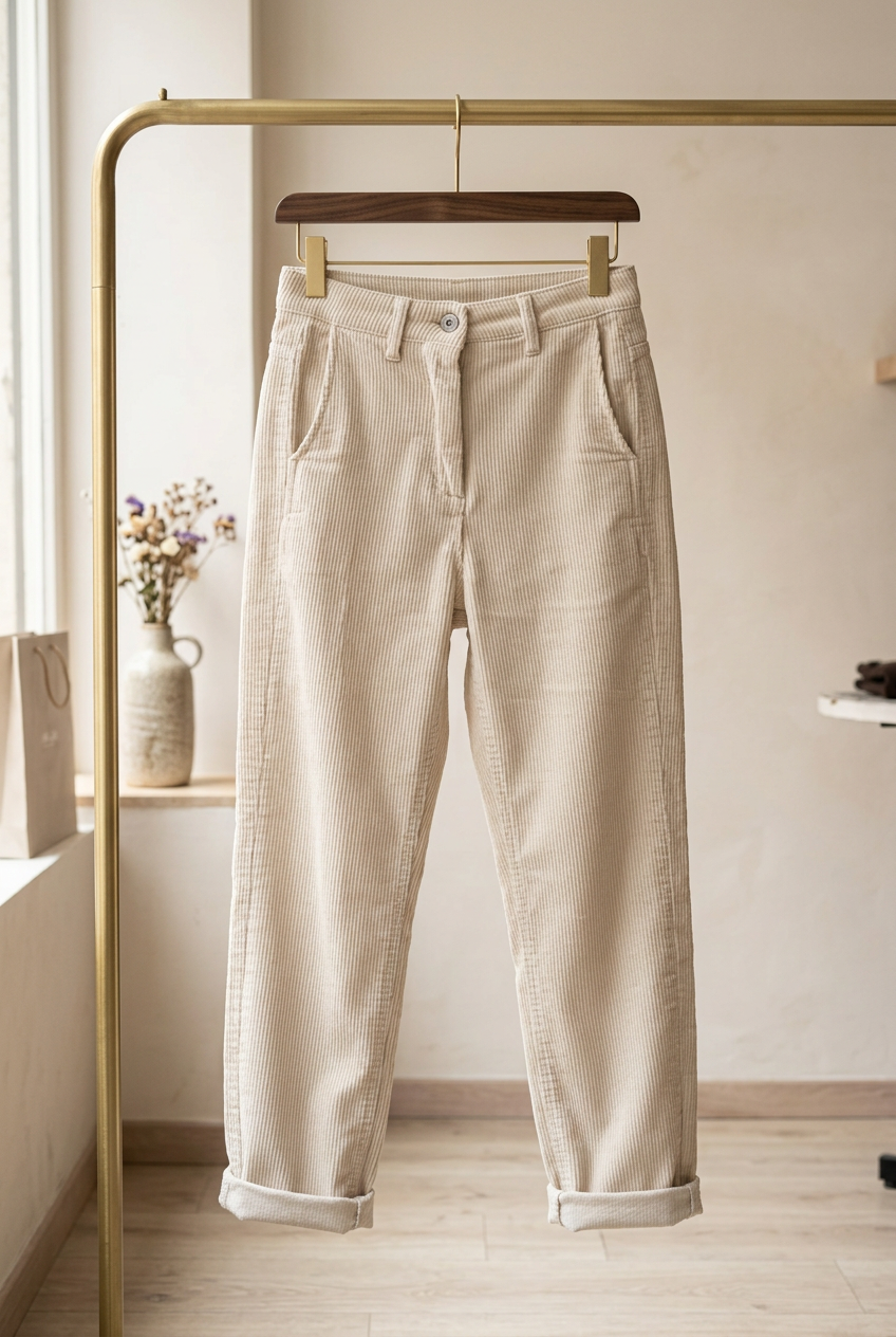 Pantalon côtelé crème à revers