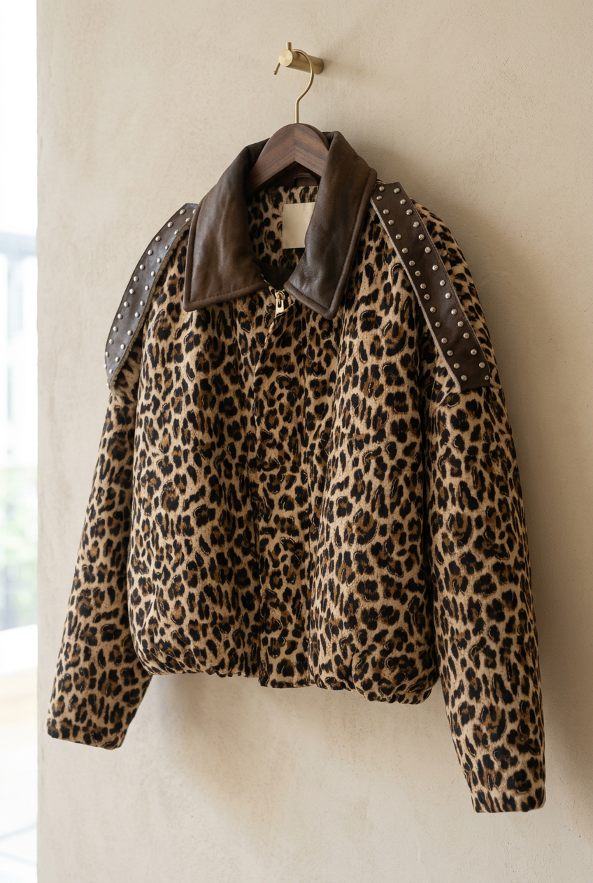 Veste léopard à col marron et épaules cloutées