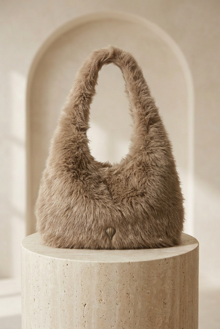 Sac à épaule taupe à l’aspect duveteux à poils longs avec large anse assortie et emblème montgolfière