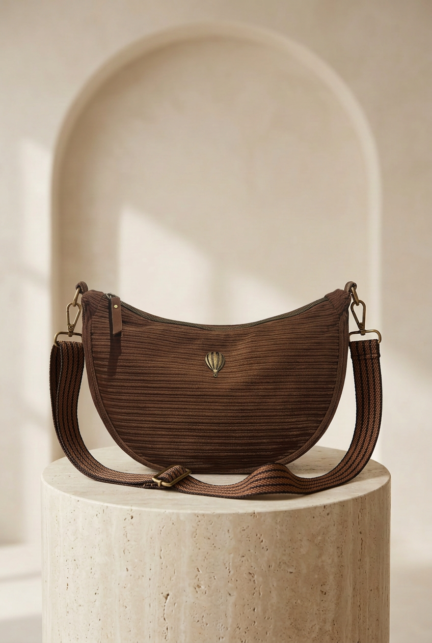 Sac demi-lune choco à texture côtelée