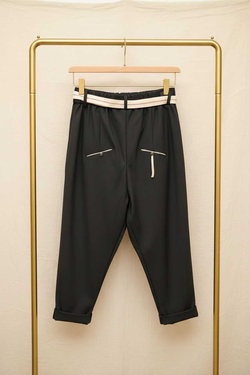 Pantalon Fluide Noir Ceinture Blanche