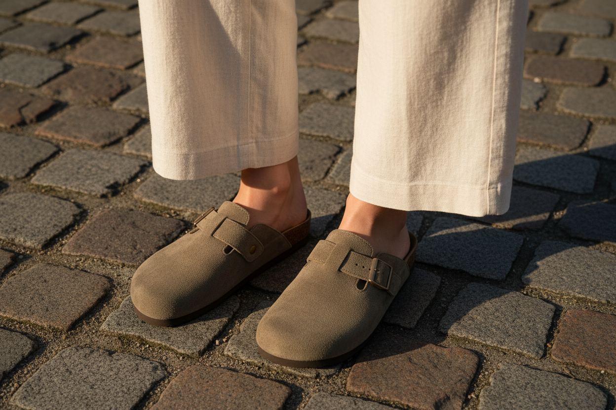 Clogs taupe portés – gros plan