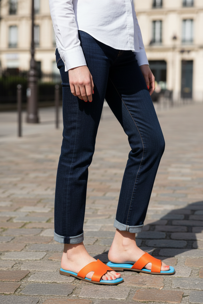 Mules H orange turquoise portées – profil